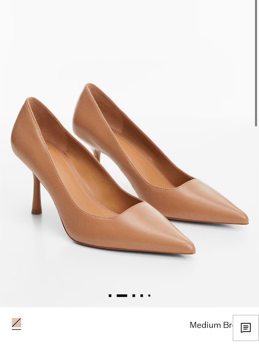 Mango Leather Pointed-Toe Pumps in Medium Brown.